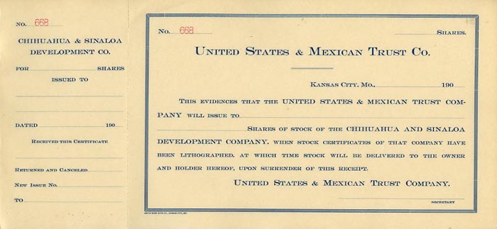 United States and Mexican Trust Co. - 1900's dated Unissued Stock Certificate